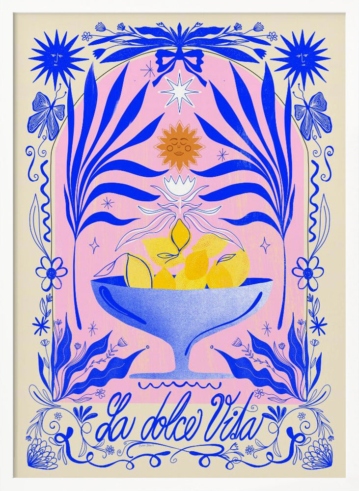 A vibrant, symmetrical illustration featuring a blue bowl of yellow lemons set against a pink arched background. The scene is framed by elaborate blue botanicals, flowers, butterflies, and celestial symbols like suns with faces. At the bottom, the phrase 'La dolce Vita' is written in elegant blue script. Decor