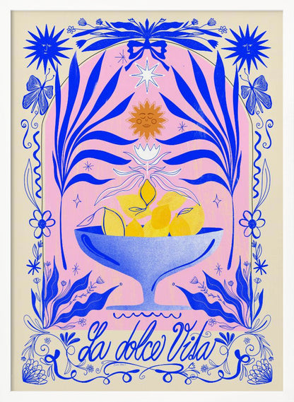 A vibrant, symmetrical illustration featuring a blue bowl of yellow lemons set against a pink arched background. The scene is framed by elaborate blue botanicals, flowers, butterflies, and celestial symbols like suns with faces. At the bottom, the phrase 'La dolce Vita' is written in elegant blue script. Decor