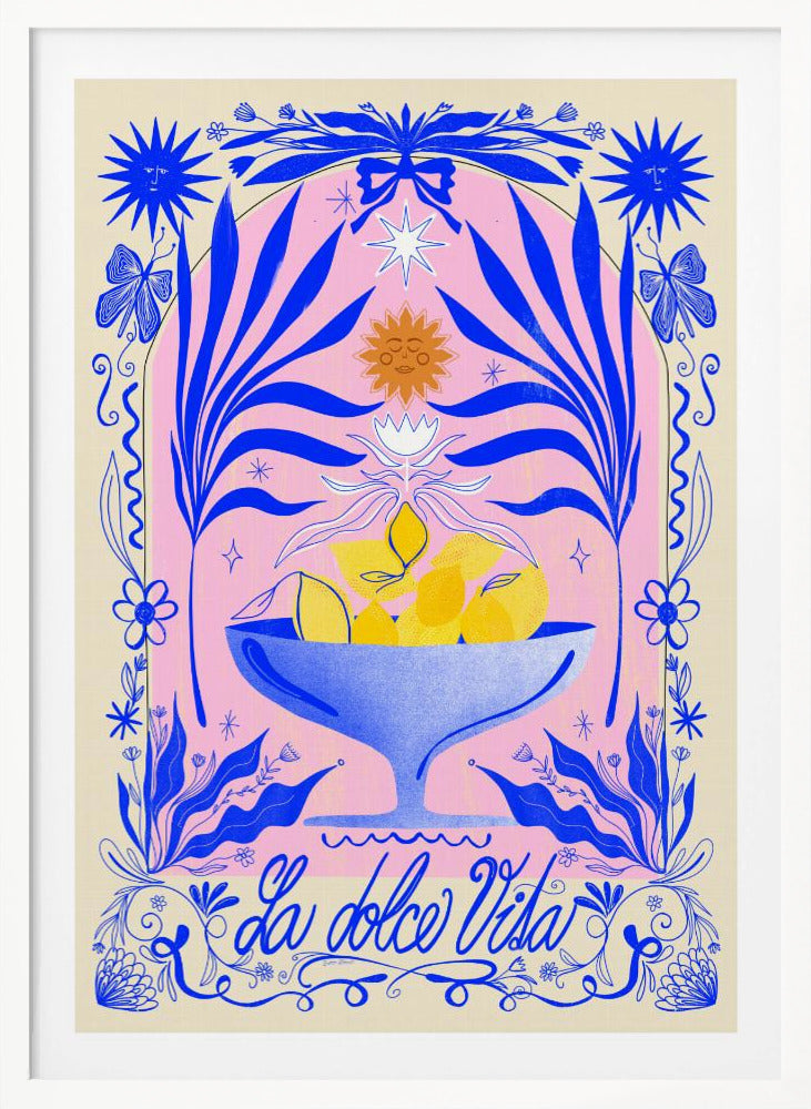 A vibrant, symmetrical illustration featuring a blue bowl of yellow lemons set against a pink arched background. The scene is framed by elaborate blue botanicals, flowers, butterflies, and celestial symbols like suns with faces. At the bottom, the phrase 'La dolce Vita' is written in elegant blue script. Decor