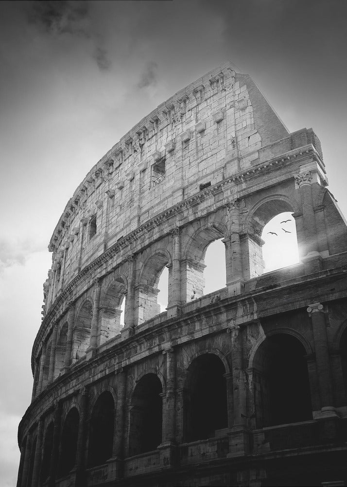 A dramatic, low-angle black and white photograph of the ancient Roman Colosseum. The sun shines brightly through one of the upper archways, creating a lens flare and silhouetting a few birds in flight against the cloudy sky. Poster