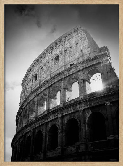 A dramatic, low-angle black and white photograph of the ancient Roman Colosseum. The sun shines brightly through one of the upper archways, creating a lens flare and silhouetting a few birds in flight against the cloudy sky. Poster