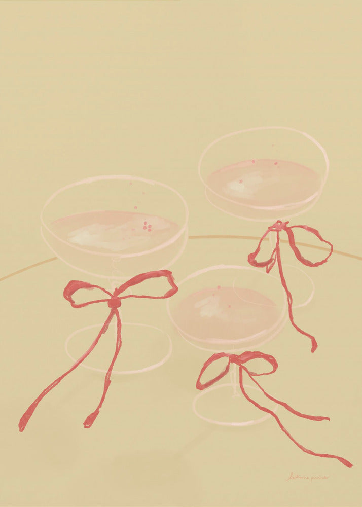 A minimalist illustration featuring three coupe-style champagne glasses filled with pink liquid, each adorned with a red ribbon tied in a bow, set against a solid pale greenish-beige background. Poster