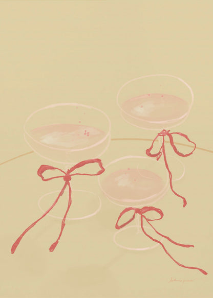 A minimalist illustration featuring three coupe-style champagne glasses filled with pink liquid, each adorned with a red ribbon tied in a bow, set against a solid pale greenish-beige background. Poster