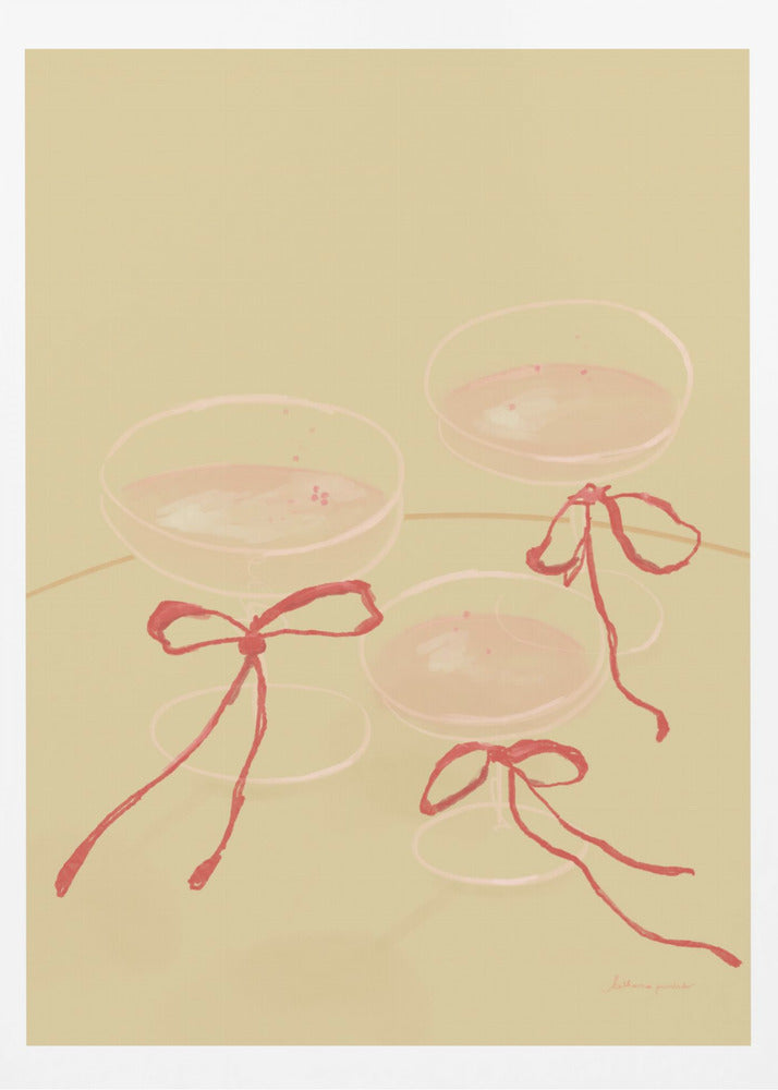 A minimalist illustration featuring three coupe-style champagne glasses filled with pink liquid, each adorned with a red ribbon tied in a bow, set against a solid pale greenish-beige background. Poster
