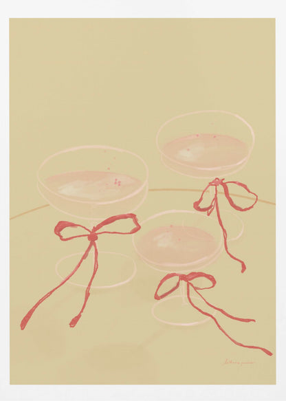A minimalist illustration featuring three coupe-style champagne glasses filled with pink liquid, each adorned with a red ribbon tied in a bow, set against a solid pale greenish-beige background. Poster
