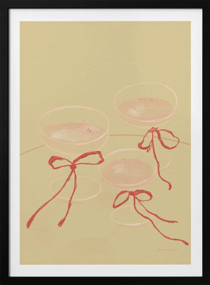 A minimalist illustration featuring three coupe-style champagne glasses filled with pink liquid, each adorned with a red ribbon tied in a bow, set against a solid pale greenish-beige background. Poster