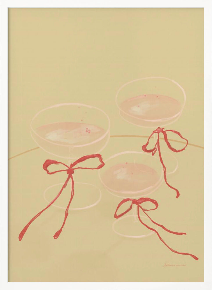 A minimalist illustration featuring three coupe-style champagne glasses filled with pink liquid, each adorned with a red ribbon tied in a bow, set against a solid pale greenish-beige background. Poster
