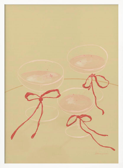 A minimalist illustration featuring three coupe-style champagne glasses filled with pink liquid, each adorned with a red ribbon tied in a bow, set against a solid pale greenish-beige background. Poster