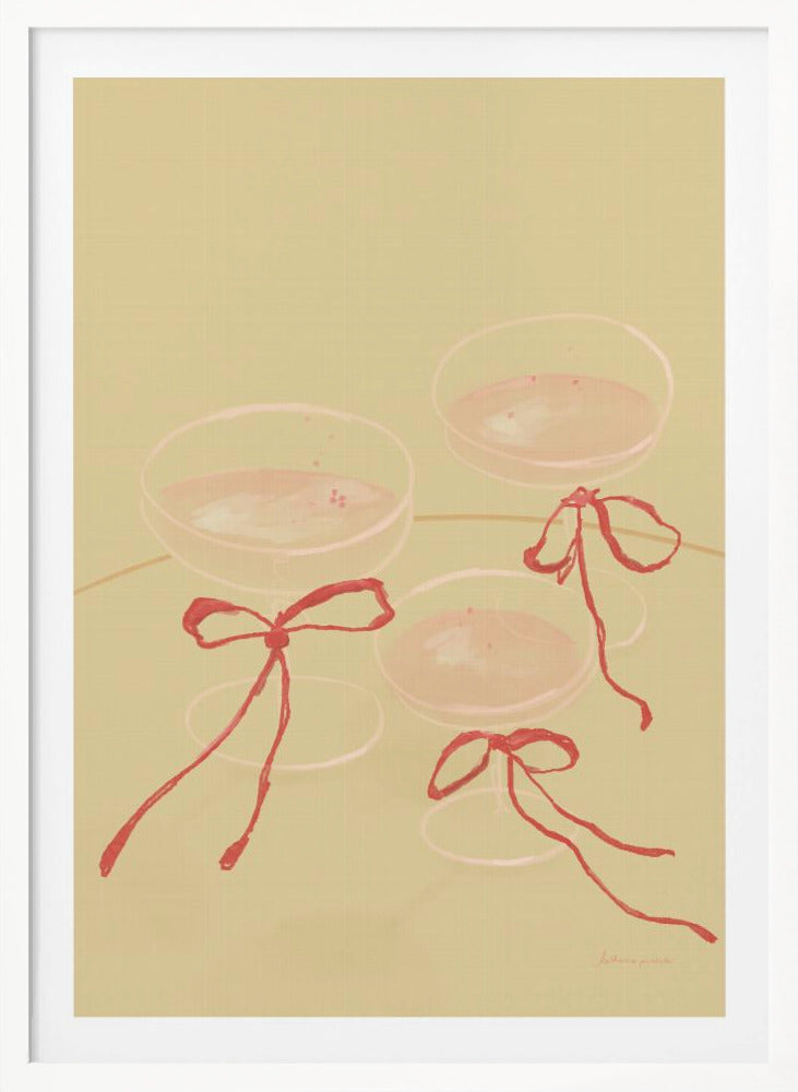 A minimalist illustration featuring three coupe-style champagne glasses filled with pink liquid, each adorned with a red ribbon tied in a bow, set against a solid pale greenish-beige background. Poster
