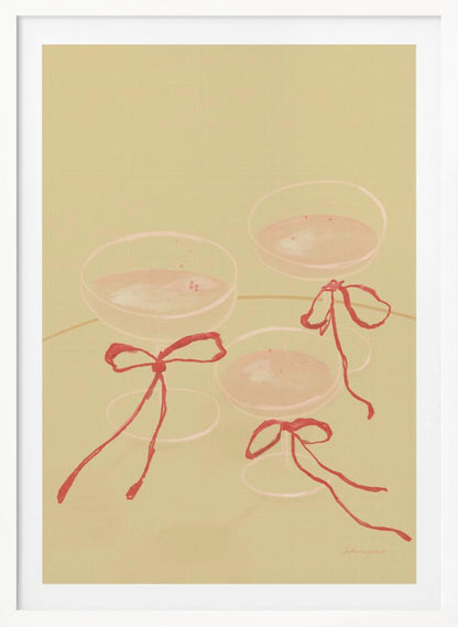 A minimalist illustration featuring three coupe-style champagne glasses filled with pink liquid, each adorned with a red ribbon tied in a bow, set against a solid pale greenish-beige background. Poster