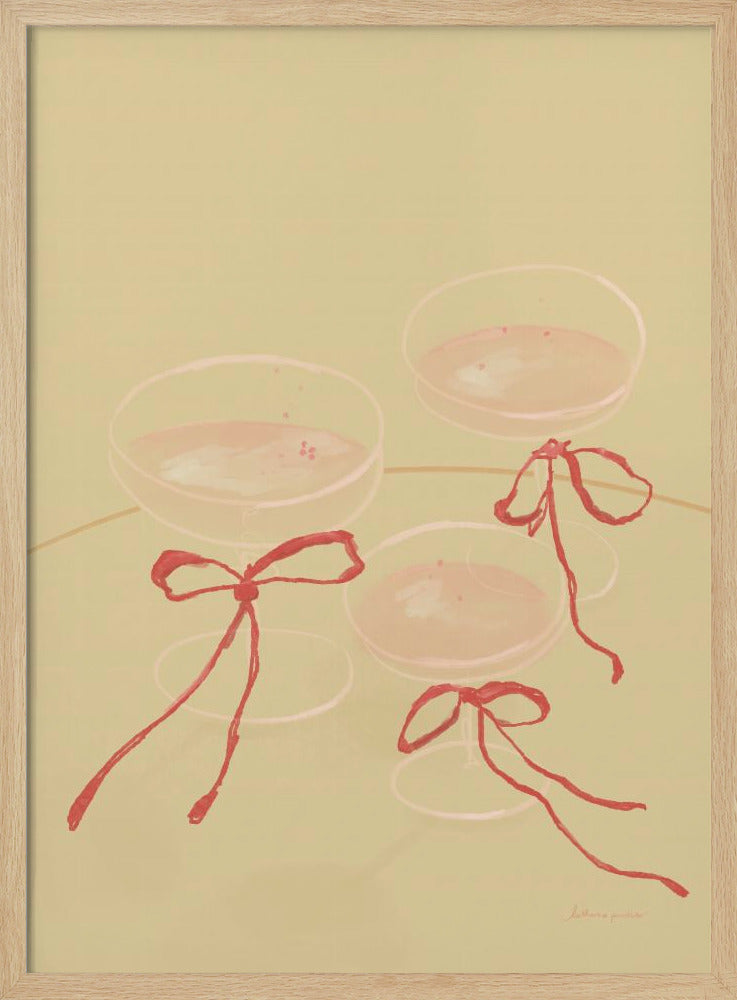 A minimalist illustration featuring three coupe-style champagne glasses filled with pink liquid, each adorned with a red ribbon tied in a bow, set against a solid pale greenish-beige background. Poster