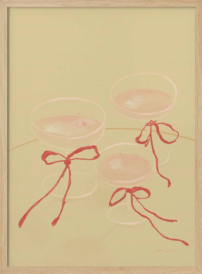 A minimalist illustration featuring three coupe-style champagne glasses filled with pink liquid, each adorned with a red ribbon tied in a bow, set against a solid pale greenish-beige background. Poster