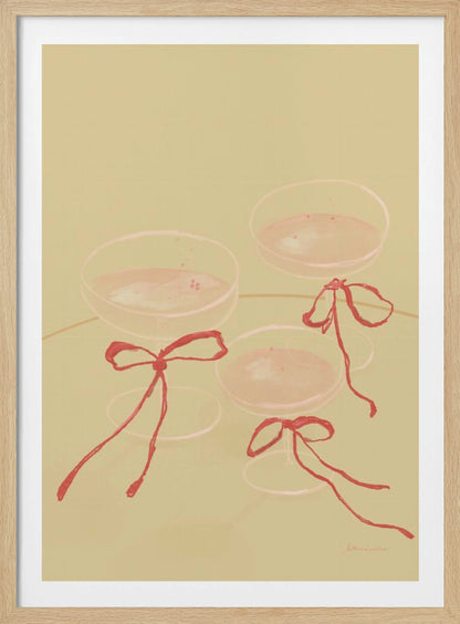 A minimalist illustration featuring three coupe-style champagne glasses filled with pink liquid, each adorned with a red ribbon tied in a bow, set against a solid pale greenish-beige background. Poster