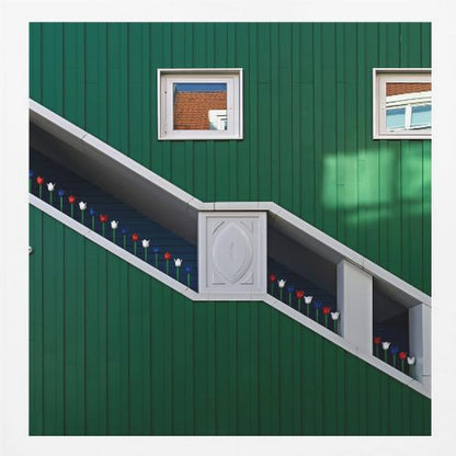 A framed photograph of a modern building with a dark green vertical-paneled facade, featuring a large, white-framed diagonal window that resembles a staircase, decorated with small red, white, and blue tulips. Two small square windows are positioned above. Decor