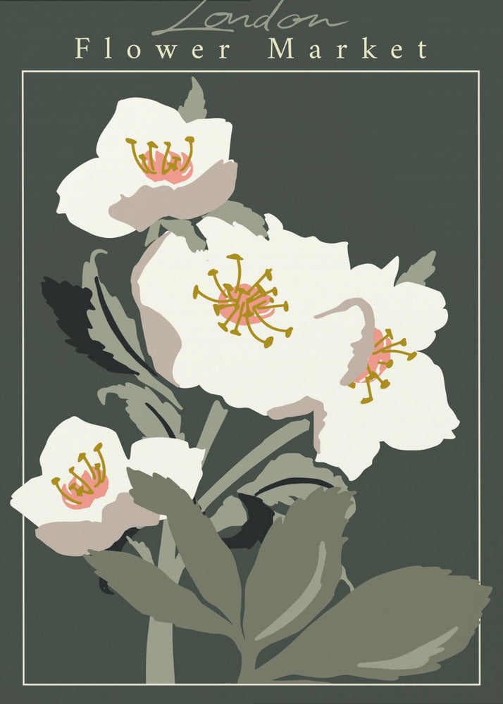 A vintage-style art print of the 'London Flower Market', featuring stylized white hellebore flowers with pink and gold centers on green stems, set against a dark, moody green background. The image is framed with a thin white line and a larger black border. Artwork