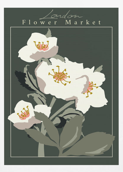 A vintage-style art print of the 'London Flower Market', featuring stylized white hellebore flowers with pink and gold centers on green stems, set against a dark, moody green background. The image is framed with a thin white line and a larger black border. Artwork