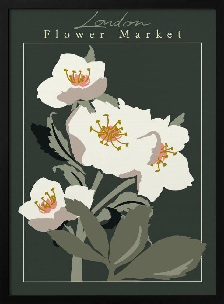 A vintage-style art print of the 'London Flower Market', featuring stylized white hellebore flowers with pink and gold centers on green stems, set against a dark, moody green background. The image is framed with a thin white line and a larger black border. Artwork