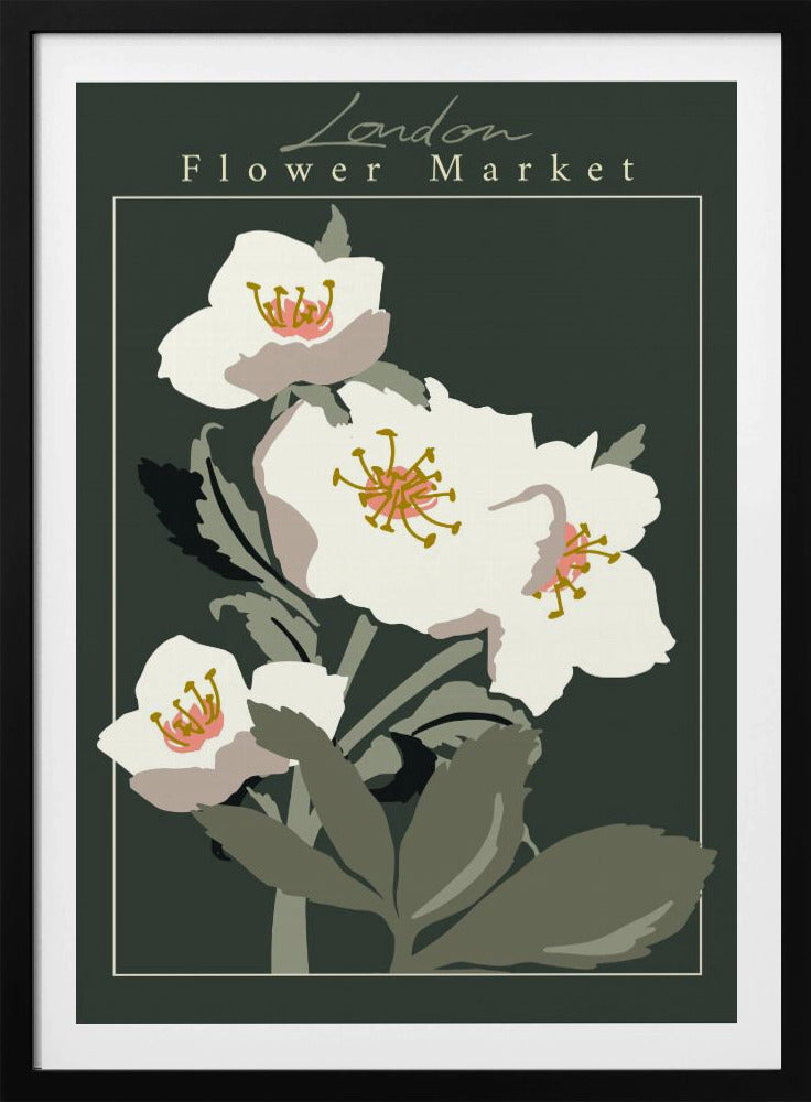 A vintage-style art print of the 'London Flower Market', featuring stylized white hellebore flowers with pink and gold centers on green stems, set against a dark, moody green background. The image is framed with a thin white line and a larger black border. Artwork