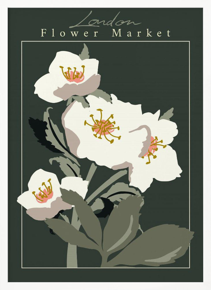 A vintage-style art print of the 'London Flower Market', featuring stylized white hellebore flowers with pink and gold centers on green stems, set against a dark, moody green background. The image is framed with a thin white line and a larger black border. Artwork