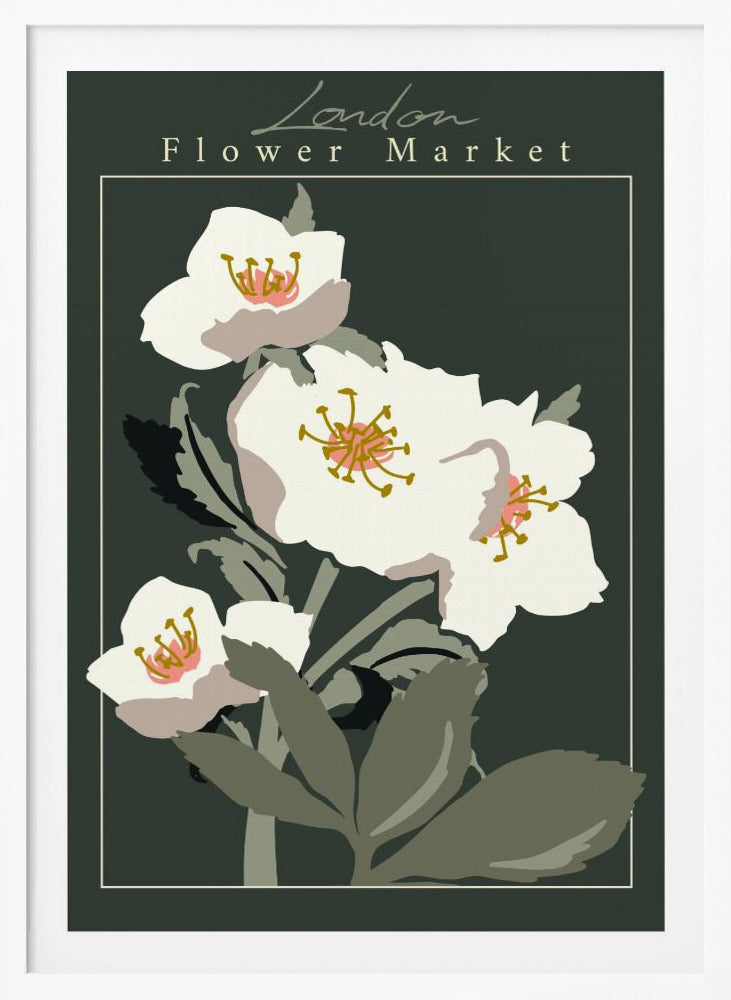A vintage-style art print of the 'London Flower Market', featuring stylized white hellebore flowers with pink and gold centers on green stems, set against a dark, moody green background. The image is framed with a thin white line and a larger black border. Artwork