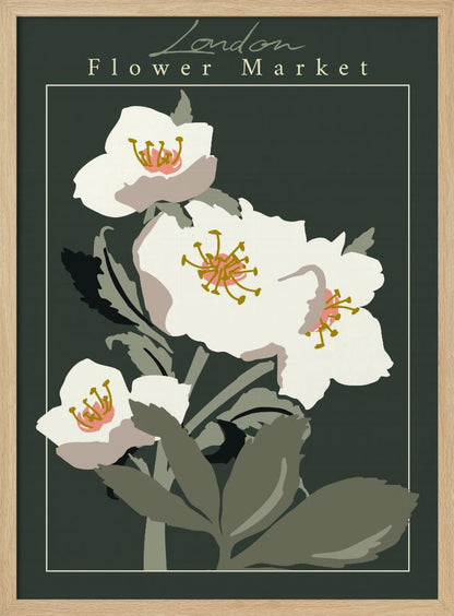 A vintage-style art print of the 'London Flower Market', featuring stylized white hellebore flowers with pink and gold centers on green stems, set against a dark, moody green background. The image is framed with a thin white line and a larger black border. Artwork