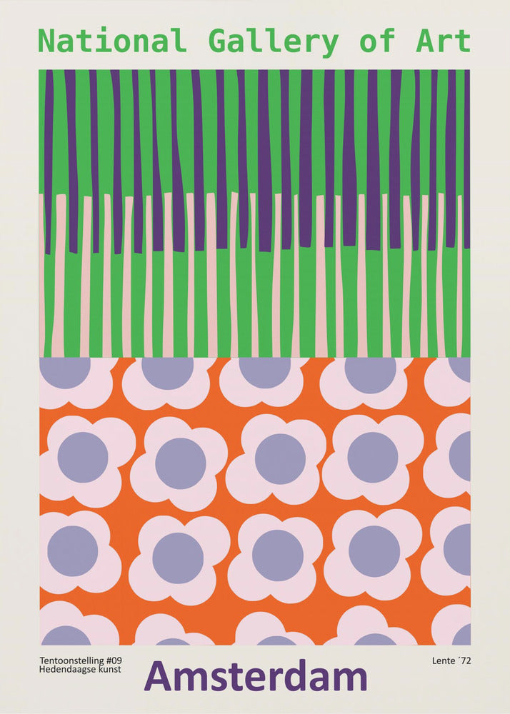 A retro-style framed poster for a 'National Gallery of Art' exhibition in 'Amsterdam'. The artwork is divided into two sections: the top half has vertical stripes in green, purple, and light pink, while the bottom half features a repeating pattern of stylized flowers with pink petals and periwinkle centers on a bright orange background. Artwork