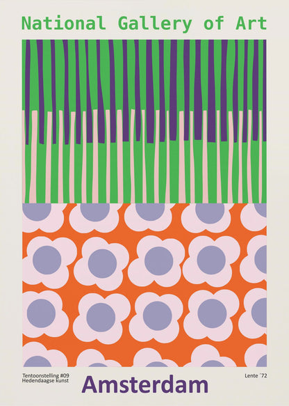 A retro-style framed poster for a 'National Gallery of Art' exhibition in 'Amsterdam'. The artwork is divided into two sections: the top half has vertical stripes in green, purple, and light pink, while the bottom half features a repeating pattern of stylized flowers with pink petals and periwinkle centers on a bright orange background. Artwork