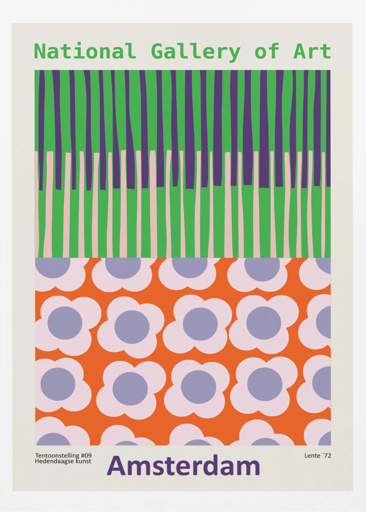A retro-style framed poster for a 'National Gallery of Art' exhibition in 'Amsterdam'. The artwork is divided into two sections: the top half has vertical stripes in green, purple, and light pink, while the bottom half features a repeating pattern of stylized flowers with pink petals and periwinkle centers on a bright orange background. Artwork
