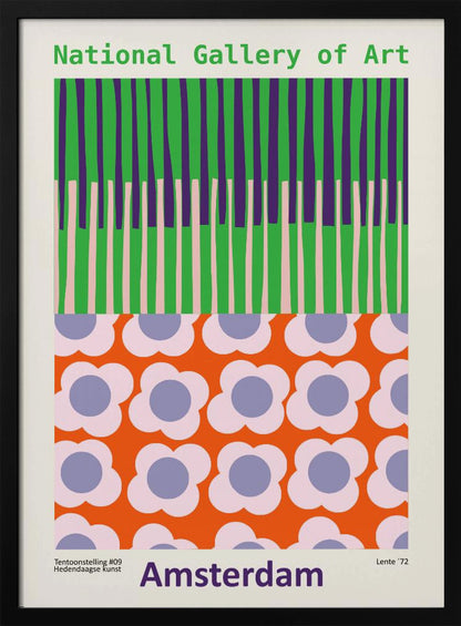 A retro-style framed poster for a 'National Gallery of Art' exhibition in 'Amsterdam'. The artwork is divided into two sections: the top half has vertical stripes in green, purple, and light pink, while the bottom half features a repeating pattern of stylized flowers with pink petals and periwinkle centers on a bright orange background. Artwork