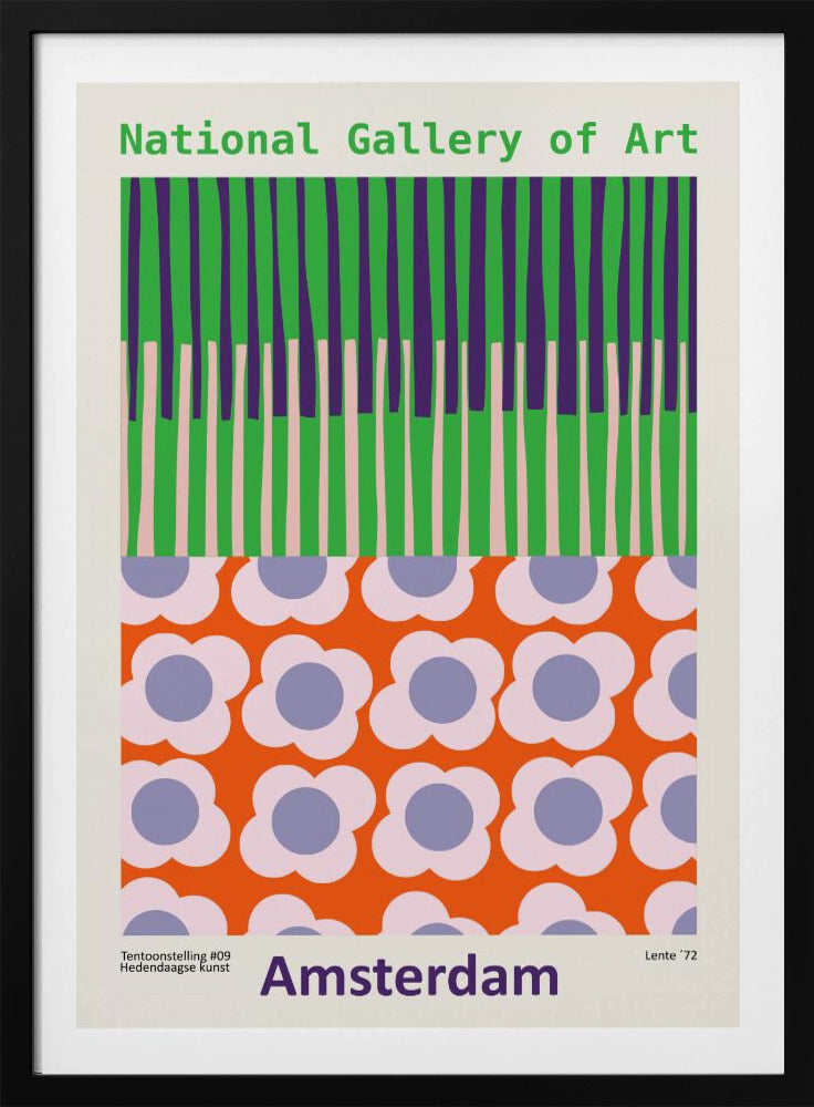 A retro-style framed poster for a 'National Gallery of Art' exhibition in 'Amsterdam'. The artwork is divided into two sections: the top half has vertical stripes in green, purple, and light pink, while the bottom half features a repeating pattern of stylized flowers with pink petals and periwinkle centers on a bright orange background. Artwork