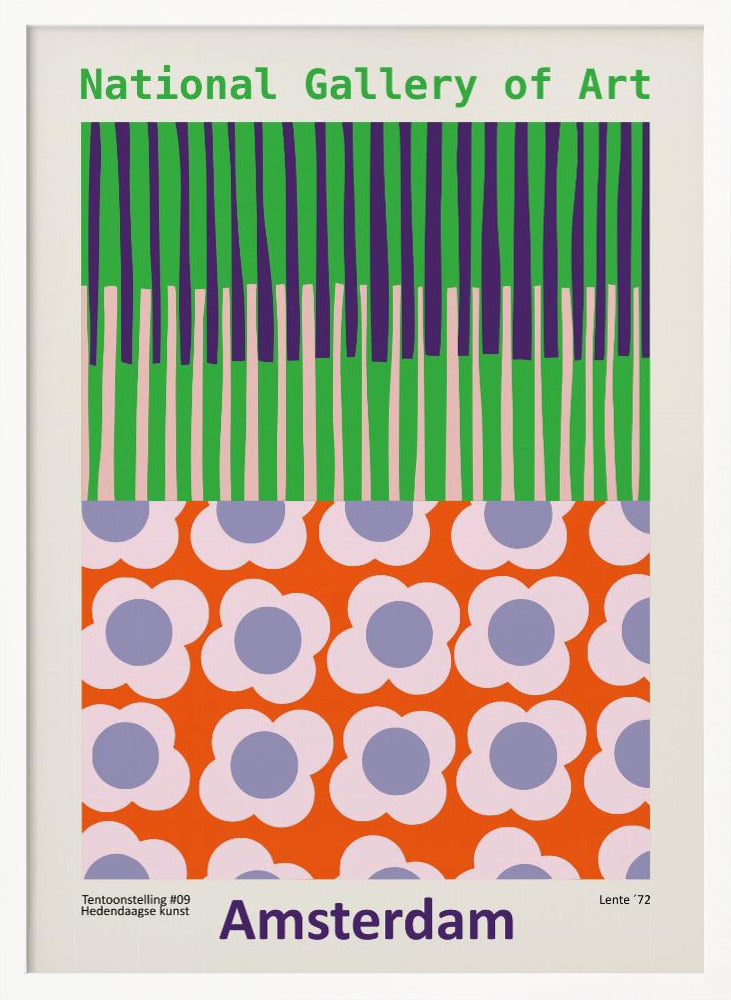 A retro-style framed poster for a 'National Gallery of Art' exhibition in 'Amsterdam'. The artwork is divided into two sections: the top half has vertical stripes in green, purple, and light pink, while the bottom half features a repeating pattern of stylized flowers with pink petals and periwinkle centers on a bright orange background. Artwork