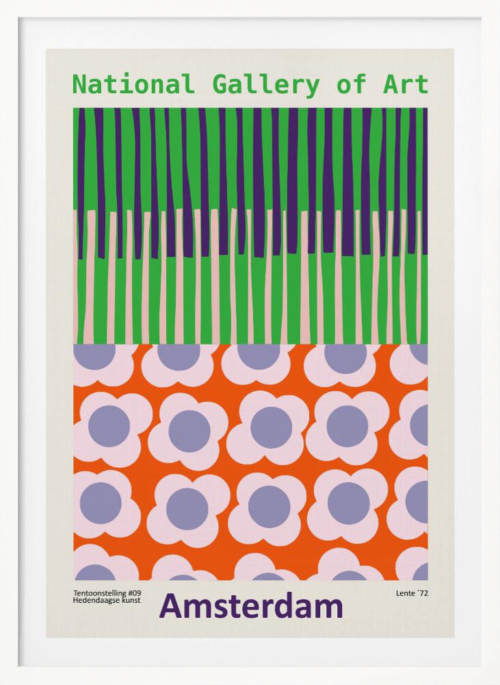 A retro-style framed poster for a 'National Gallery of Art' exhibition in 'Amsterdam'. The artwork is divided into two sections: the top half has vertical stripes in green, purple, and light pink, while the bottom half features a repeating pattern of stylized flowers with pink petals and periwinkle centers on a bright orange background. Artwork