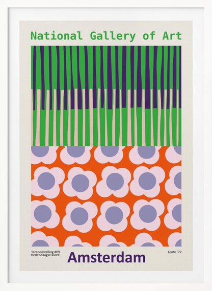 A retro-style framed poster for a 'National Gallery of Art' exhibition in 'Amsterdam'. The artwork is divided into two sections: the top half has vertical stripes in green, purple, and light pink, while the bottom half features a repeating pattern of stylized flowers with pink petals and periwinkle centers on a bright orange background. Artwork