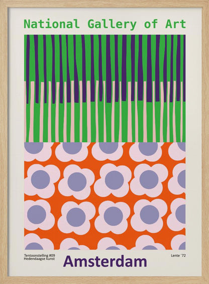 A retro-style framed poster for a 'National Gallery of Art' exhibition in 'Amsterdam'. The artwork is divided into two sections: the top half has vertical stripes in green, purple, and light pink, while the bottom half features a repeating pattern of stylized flowers with pink petals and periwinkle centers on a bright orange background. Artwork