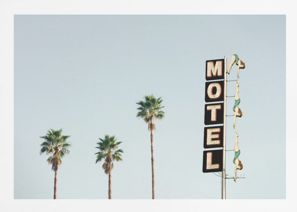 A minimalist photograph featuring three tall palm trees and a vertical black and white 'MOTEL' sign against a pale blue sky. Affixed to the sign's pole are several figures of women in green swimsuits, posed as if diving in a synchronized formation. Poster