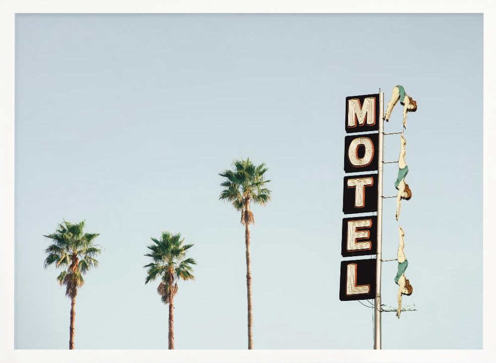 A minimalist photograph featuring three tall palm trees and a vertical black and white 'MOTEL' sign against a pale blue sky. Affixed to the sign's pole are several figures of women in green swimsuits, posed as if diving in a synchronized formation. Poster
