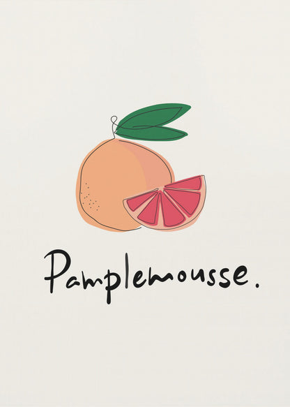 A minimalist art print featuring a stylized illustration of a whole grapefruit and a cut wedge. The fruit is peach-colored with a vibrant pink interior, topped with green leaves. Below the illustration, the French word 'Pamplemousse.' is written in a casual black script. The background is a soft off-white, and the print is enclosed in a simple black frame. Wall Art