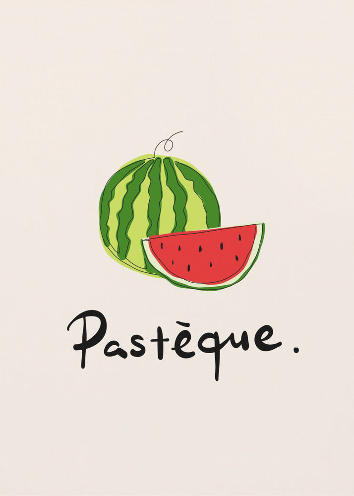 A framed art print featuring a simple, stylized illustration of a whole watermelon and a juicy red slice. Below the fruit, the French word 'Pastèque.' is written in black cursive script on a light cream background. Decor