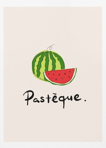 A framed art print featuring a simple, stylized illustration of a whole watermelon and a juicy red slice. Below the fruit, the French word 'Pastèque.' is written in black cursive script on a light cream background. Decor