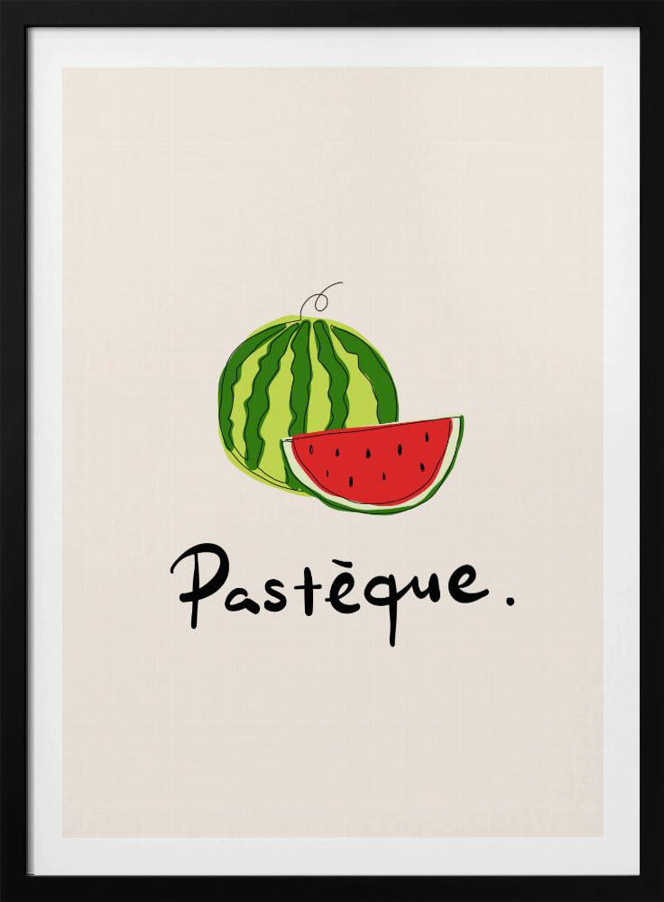 A framed art print featuring a simple, stylized illustration of a whole watermelon and a juicy red slice. Below the fruit, the French word 'Pastèque.' is written in black cursive script on a light cream background. Decor