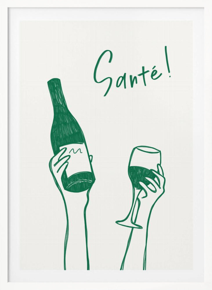 A minimalist green line drawing on a white background featuring two hands. One hand holds a bottle of wine, and the other holds a glass of wine, as if in a toast. The French word 'Santé!' is written in cursive above the hands. Decor