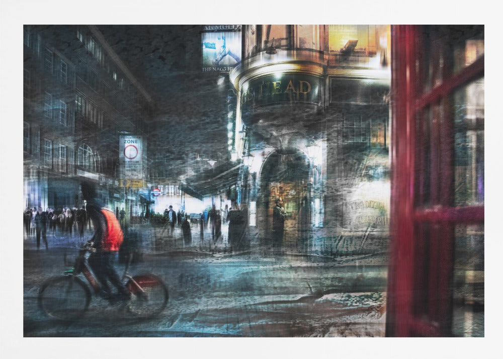 An abstract, moody digital artwork of a bustling London street at night. The scene has a layered, textured look with motion blur, featuring a cyclist in a red vest, the illuminated sign for 'The Nag's Head' pub, and a classic red telephone booth in the foreground, all within a silver frame. Wall Art
