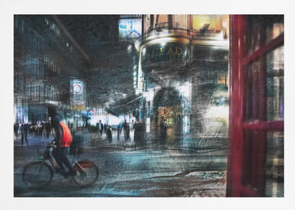 An abstract, moody digital artwork of a bustling London street at night. The scene has a layered, textured look with motion blur, featuring a cyclist in a red vest, the illuminated sign for 'The Nag's Head' pub, and a classic red telephone booth in the foreground, all within a silver frame. Wall Art