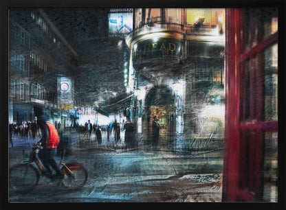 An abstract, moody digital artwork of a bustling London street at night. The scene has a layered, textured look with motion blur, featuring a cyclist in a red vest, the illuminated sign for 'The Nag's Head' pub, and a classic red telephone booth in the foreground, all within a silver frame. Wall Art
