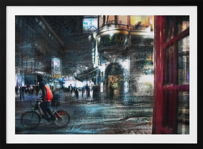 An abstract, moody digital artwork of a bustling London street at night. The scene has a layered, textured look with motion blur, featuring a cyclist in a red vest, the illuminated sign for 'The Nag's Head' pub, and a classic red telephone booth in the foreground, all within a silver frame. Wall Art