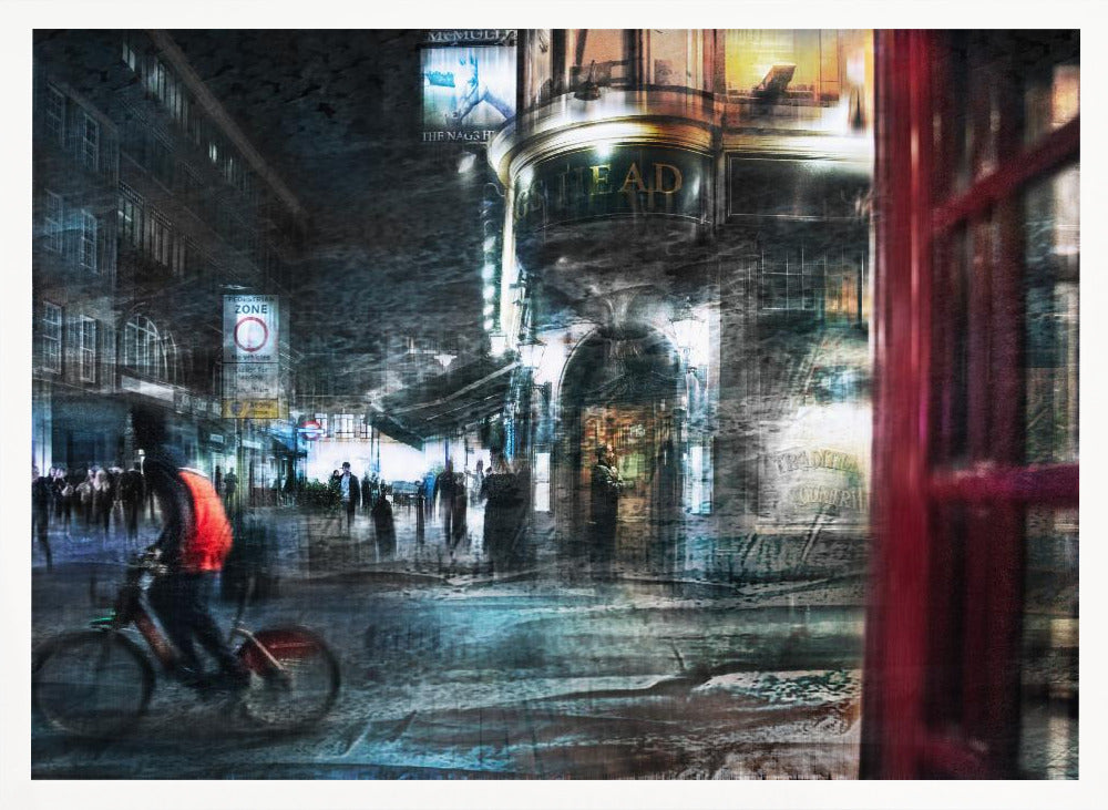 An abstract, moody digital artwork of a bustling London street at night. The scene has a layered, textured look with motion blur, featuring a cyclist in a red vest, the illuminated sign for 'The Nag's Head' pub, and a classic red telephone booth in the foreground, all within a silver frame. Wall Art