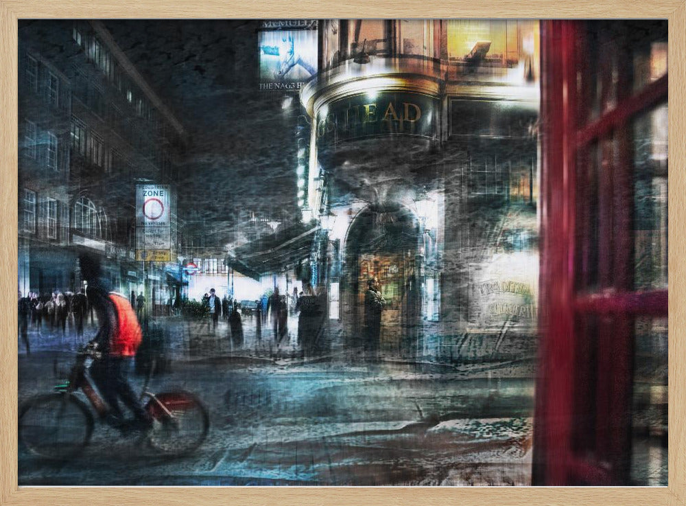 An abstract, moody digital artwork of a bustling London street at night. The scene has a layered, textured look with motion blur, featuring a cyclist in a red vest, the illuminated sign for 'The Nag's Head' pub, and a classic red telephone booth in the foreground, all within a silver frame. Wall Art