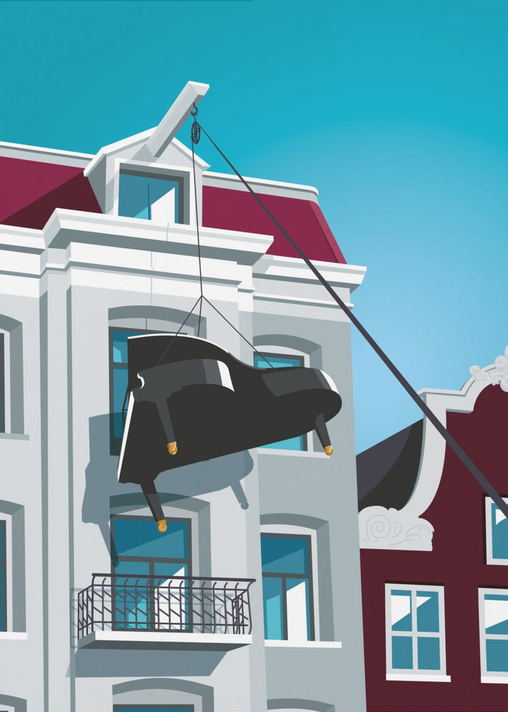 A graphic illustration of a black grand piano being hoisted up the side of a gray Amsterdam-style building with a red roof, using a pulley system attached to the gable. The scene is set against a clear, bright blue sky. Artwork