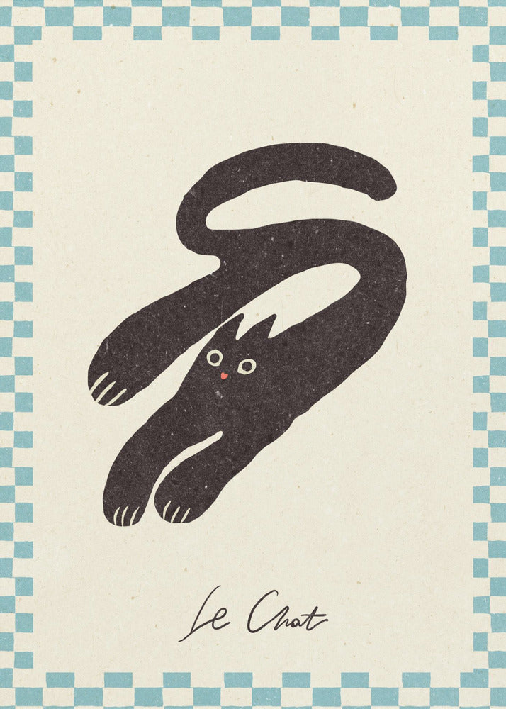 A vintage-style art print of a stylized black cat with an elongated, curving body. The cat has wide eyes and is set against a cream background with a blue and cream checkered border. Below the cat, the words 'Le Chat' are written in cursive script. The artwork is presented in a simple black frame. Print
