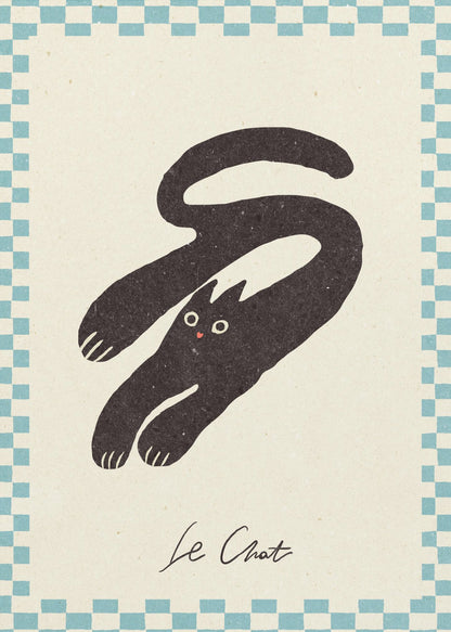 A vintage-style art print of a stylized black cat with an elongated, curving body. The cat has wide eyes and is set against a cream background with a blue and cream checkered border. Below the cat, the words 'Le Chat' are written in cursive script. The artwork is presented in a simple black frame. Print